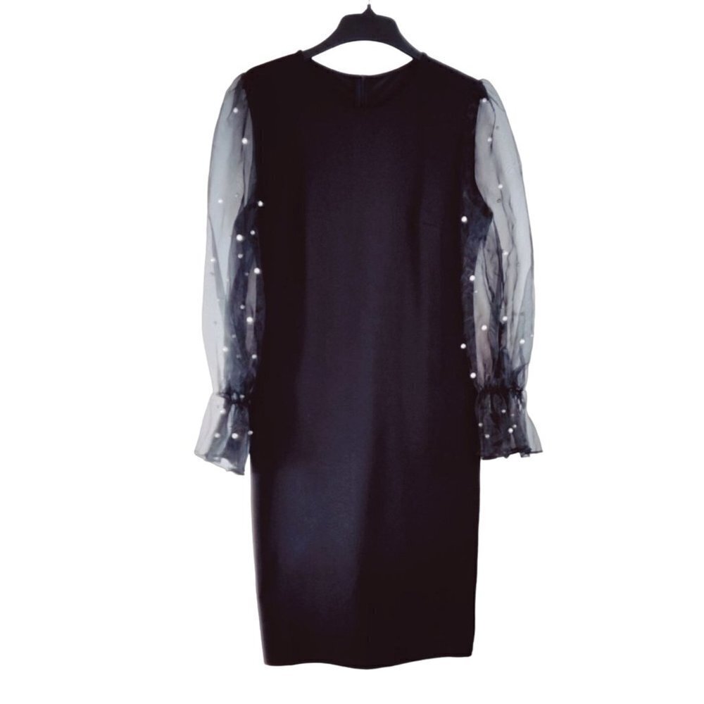 Black Formal Shift Dress Sheer Puff Sleeves Pearls 1XL Shein Romantic Cocktail